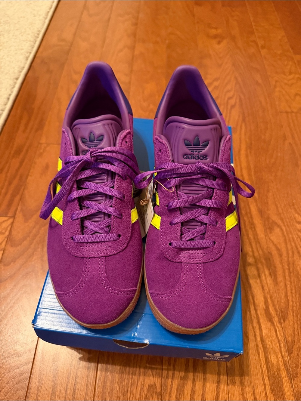 adidas GAZELLE J Women's Violet Purple Suede Sneakers with Neon Yellow Stripes - Picture 2 of 5